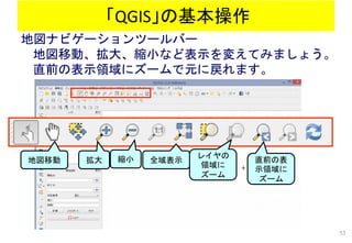 「QGIS」の基本操作
53
地図ナビゲーションツールバー
地図移動、拡大、縮小など表示を変えてみましょう。
直前の表示領域にズームで元に戻れます。
地図移動 拡大 縮小 全域表示
レイヤの
領域に
ズーム
直前の表
示領域に
ズーム
 