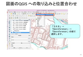 図面のQGIS への取り込みと位置合わせ
59
「ラスタ」→
「Georeferencer」→
「Georeferencer」の順で
選択します。
 