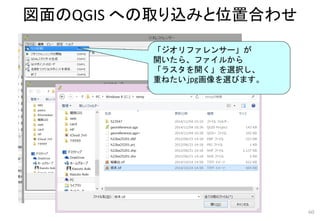 図面のQGIS への取り込みと位置合わせ
60
「ジオリファレンサー」が
開いたら、ファイルから
「ラスタを開く」を選択し、
重ねたいjpg画像を選びます。
 