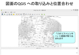 図面のQGIS への取り込みと位置合わせ
62
「ジオリファレンサ
ー」に図面が取り込
まれます
 