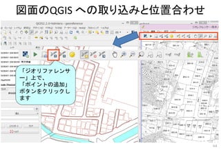 図面のQGIS への取り込みと位置合わせ
64
「ジオリファレンサ
ー」上で、
「ポイントの追加」
ボタンをクリックし
ます
 