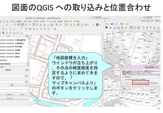図面のQGIS への取り込みと位置合わせ
66
「地図座標を入力」
ウインドウが立ち上がり
、その点の緯度経度を指
定するように求めてきま
すので、「
マップキャンパスより」
のボタンをクリックしま
す。
 