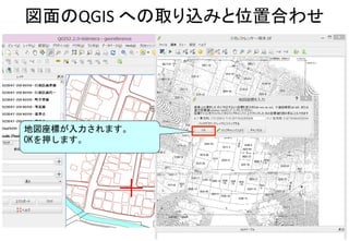 図面のQGIS への取り込みと位置合わせ
68
68
地図座標が入力されます。
OKを押します。
 
