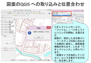図面のQGIS への取り込みと位置合わせ
71
ジオレファレンサー上で、
「ファイル」→「ジオレファ
レンシングの開始」を選びま
す。
図面が、指定した点を頼りに
、ベースマップの形に合わせ
て自動的に変形し、緯度経度
情報を持ちます。これを「ジ
オレファレンス」と呼んでい
ます。
「変換タイプを指定してくだ
さい」という注意がでますの
で、OKを押します。
 