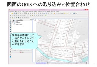 図面のQGIS への取り込みと位置合わせ
77
図面を半透明にして
、他のデータレイヤ
と重ね合わせること
ができます。
 