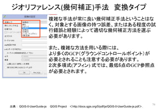 ジオリファレンス(幾何補正)手法 変換タイプ
79
複雑な手法が常に良い幾何補正手法ということはな
く、対象とする画像の持つ誤差、またはある程度の試
行錯誤と経験によって適切な幾何補正方法を選ぶ
必要があります。
また、複雑な方法を用いる際には、
より多くのGCP（グラウンドコントロールポイント）が
必要とされることも注意する必要があります。
２次多項式(アフィン) 式では、最低6点のGCP参照点
が必要とされます。
出典： QGIS-0-UserGuide-ja QGIS Project ＜http://docs.qgis.org/0/pdf/ja/QGIS-0-UserGuide-ja.pdf＞．
 