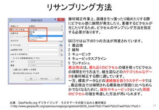 幾何補正作業上、画像を引っ張ったり縮めたりする際
にピクセル感に隙間が発生したり、重複するピクセルが
生じたりするため、ピクセルのサンプリング方法を指定
する必要があります。
QGISでは以下の5つの方法が用意されています。
1 最近傍
2 線形
3 キュービック
4 キュービックスプライン
5 ランチョシュ
最近傍法は、最も近くのピクセルの値を使ってピクセル
の補間を行う方法で、植生図などのカテゴリカルなデー
タを幾何補正する際に適しています。
一方、標高データなどの連続数を扱うラスタデータでは
、最近傍法では補間される標高地が周囲に比べなめら
かでなくなるために、線形やキュービックといった周囲
のピクセルの値を考慮した方法が用いられます。
リサンプリング方法
85
出典：GeoPacific.org:デジタイジング：ラスタデータの取り込みと幾何補正
＜http://www.geopacific.org/opensourcegis/gcngisbook/QGIS_book/7b2c17ae0/7b2c27ae07b2c17bc0＞．
 