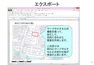 エクスポート
98
主題図の印刷
ワードやエクセルの
図の挿入で
取り込んで
加工します。
ワードやエクセルの
機能を使って、
加工して、
目的に合わせた
図面を作成します。
この辺りは
QGISとワードやエク
セルとの合わせ技が
有効だと思います。
 