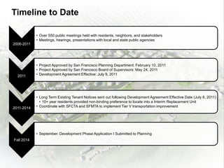 Timeline to Date
2006-2011
• Over 550 public meetings held with residents, neighbors, and stakeholders
• Meetings, hearings, presentations with local and state public agencies
2011
• Project Approved by San Francisco Planning Department: February 10, 2011
• Project Approved by San Francisco Board of Supervisors: May 24, 2011
• Development Agreement Effective: July 9, 2011
2011-2014
• Long Term Existing Tenant Notices sent out following Development Agreement Effective Date (July 8, 2011)
• 10+ year residents provided non-binding preference to locate into a Interim Replacement Unit
• Coordinate with SFCTA and SFMTA to implement Tier V transportation improvement
Fall 2014
• September: Development Phase Application I Submitted to Planning
 