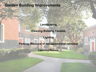 Garden Building Improvements
Landscaping
Cleaning Building Facades
Lighting
Parking (Removal of non-operational vehicles)
Laundry Rooms
 