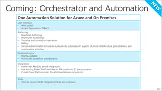 One Automation Solution for Azure and On Premises 
User Interface 
• Web portal 
• Access Permissions (RBAC) 
Authoring 
• Graphical Authoring 
• PowerShell Authoring 
• Visualize end-to-end orchestration 
• Gallery 
• Service Administrator can create runbooks to automate all aspects of cloud infrastructure, plan delivery, and 
maintenance activities 
Runbook Engine 
• Highly available 
• PowerShell Workflow based engine 
Integration 
• PowerShell Module based integration 
• Use existing PowerShell modules for Microsoft and 3rd party systems 
• Create PowerShell modules for additional resources/systems 
Tools 
• Tools to convert SCO Integration Packs and runbooks 
142 
 