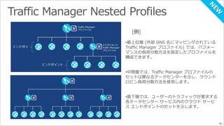 •最上位層(外部DNS 名にマッピングされている 
Traffic Manager プロファイル) では、パフォー 
マンスの負荷分散方法を指定したプロファイルを 
構成できます。 
•中間層では、Traffic Manager プロファイルの 
セットは異なるデータセンターを示し、ラウンド 
ロビン負荷分散方法を使用します。 
•最下層では、ユーザーのトラフィックが要求する 
各データセンターサービス内のクラウドサービ 
スエンドポイントのセットを示します。 
56 
 