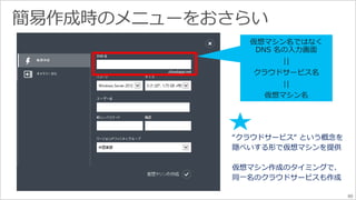 80 
“クラウドサービス“ という概念を 
隠ぺいする形で仮想マシンを提供 
仮想マシン作成のタイミングで、 
同一名のクラウドサービスも作成 
 