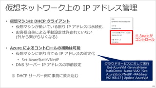 ※ Azure が 
コントロール 
89 
• Set-AzureStaticVNetIP 
クラウドサービスに対して実行 
Get-AzureVM -ServiceName 
StaticDemo -Name VM2 | Set- 
AzureStaticVNetIP -IPAddress 
192.168.4.7 | Update-AzureVM 
 