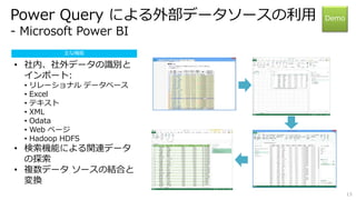 13 
Power Query による外部データソースの利用 
- Microsoft Power BI 
Demo 
主な機能 
• 社内、社外データの識別と 
インポート: 
• リレーショナルデータベース 
• Excel 
• テキスト 
• XML 
• Odata 
• Web ページ 
• Hadoop HDFS 
• 検索機能による関連データ 
の探索 
• 複数データソースの結合と 
変換 
 