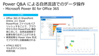 15 
Power Q&A による自然言語でのデータ操作 
- Microsoft Power BI for Office 365 
主な機能 
• Office 365 のSharePoint 
Online 上にExcel 
PowerPivot ファイルをパブ 
リッシュすることで、ブラウ 
ザからそのPowerPivot 構造 
体に対して、自然言語検索で 
結果を取り出すことができる 
• 検索結果はPower View 形式 
でブラウザに自動描画される 
• HTML5 対応で 
マルチデバイスから 
利用可能 
 