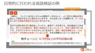 日常的に行われる仮説検証の例 
一般的に、コンビニはPOSシステムの販売データをもとに、よく売れた商品を売れ 
筋として発注するように思われていますが、それはまったくの誤解です。データは 
あくまでも仮説を検証するために使うのです。 
自分では何も考えずに発注をしていたら、販売データを見ても、何の検証もできま 
せん。売り上げの数字は、事前に仮説を立てることによって、初めて意味を持つの 
です。アルバイトやパートのスタッフに至るまで、仮説・検証を徹底させ、1人ひ 
とりがデータを読む力を持っていることが、大きな原動力になっているのです。 
新規顧客が伸び 
ていない? 
売上が 
落ちている！ 
リピーターが減って 
いる？ 
営業訪問 
回数 
新規/リピーター割合 
営業が 
提案していない？ 
他チェーンと12 万円以上の平均日版の差 
引用： 
PRESIDENT BOOKS/PRESIDENT Online スペシャル– セブン＆アイHLDGS 会長兼CEO 鈴木敏文特別インタビュー 
http://president.jp/articles/-/11579 
 
