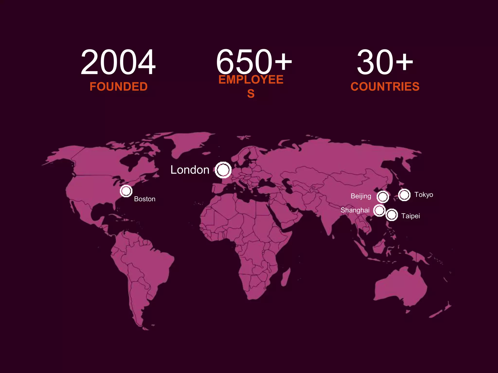 EMPLOYEE
S
London
Boston
Shanghai
Taipei
650+ COUNTRIES
30+FOUNDED
2004
Beijing Tokyo
 