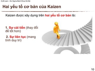 CLB Lean – Six Sigma Bách Khoa Hà Nội
1. Sự cải tiến (thay đổi
để tốt hơn)
2. Sự liên tục (mang
tính duy trì)
Hai yếu tố cơ bản của Kaizen
10
Kaizen được xây dựng trên hai yếu tố cơ bản là:
 