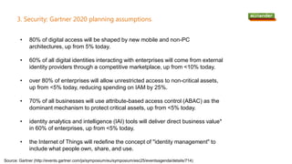 3. Security: Gartner 2020 planning assumptions
• 80% of digital access will be shaped by new mobile and non-PC
architectures, up from 5% today.
• 60% of all digital identities interacting with enterprises will come from external
identity providers through a competitive marketplace, up from <10% today.
• over 80% of enterprises will allow unrestricted access to non-critical assets,
up from <5% today, reducing spending on IAM by 25%.
• 70% of all businesses will use attribute-based access control (ABAC) as the
dominant mechanism to protect critical assets, up from <5% today.
• identity analytics and intelligence (IAI) tools will deliver direct business value*
in 60% of enterprises, up from <5% today.
• the Internet of Things will redefine the concept of "identity management" to
include what people own, share, and use.
Source: Gartner (http://events.gartner.com/ja/symposium/eu/symposium/esc25/eventsagenda/details/714)
 