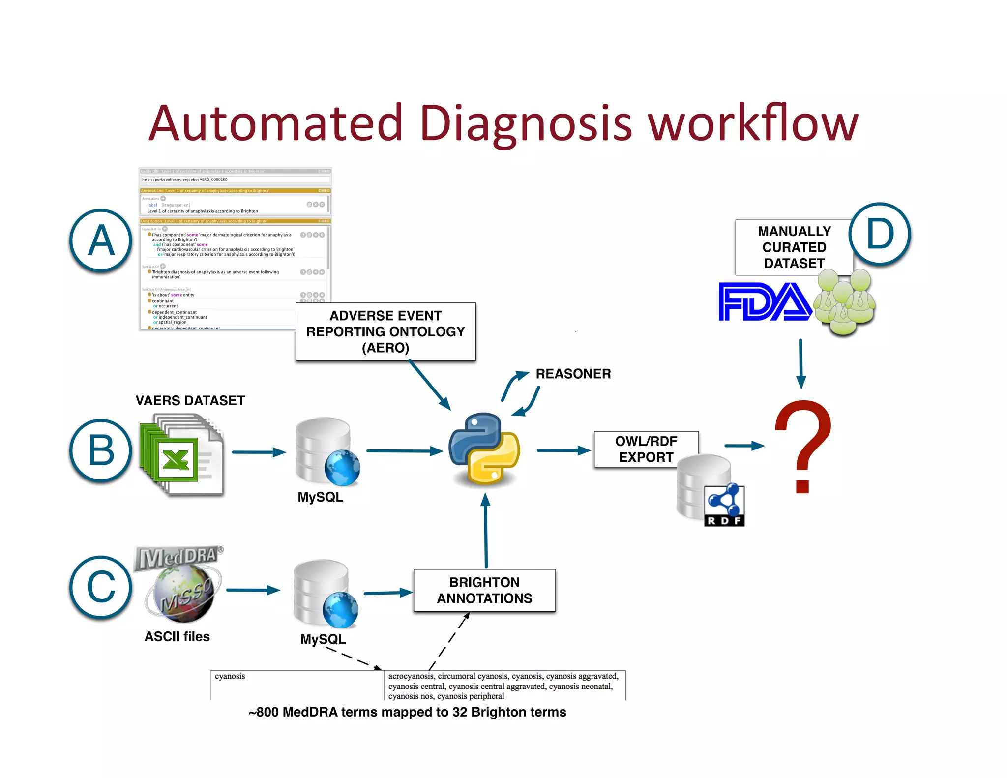 54 
Automated 
Diagnosis 
workflow 
MANUALLY 
CURATED 
DATASET A 
ADVERSE EVENT 
REPORTING ONTOLOGY 
(AERO) 
OWL/RDF 
EXPORT 
VAERS DATASET 
MySQL 
BRIGHTON 
ANNOTATIONS 
ASCII files MySQL 
REASONER 
~800 MedDRA terms mapped to 32 Brighton terms 
? 
B 
C 
D 
 