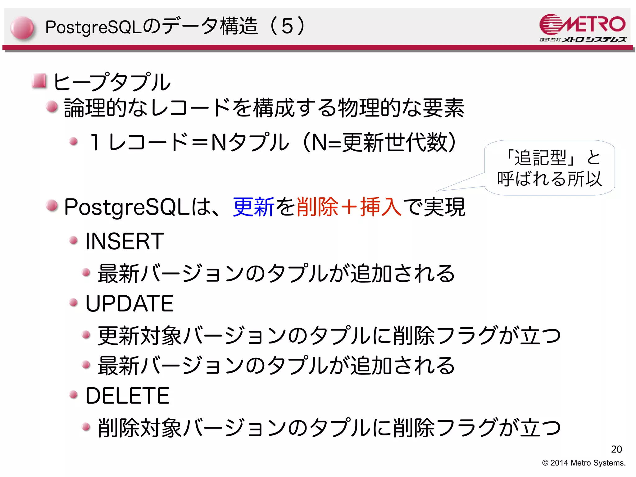 20 
© 2014 Metro Systems. 
PostgreSQLのデータ構造（５） 
ヒープタプル 
論理的なレコードを構成する物理的な要素 
１レコード＝Nタプル（N=更新世代数） 
PostgreSQLは、更新を削除＋挿入で実現 
INSERT 
最新バージョンのタプルが追加される 
UPDATE 
更新対象バージョンのタプルに削除フラグが立つ 
最新バージョンのタプルが追加される 
DELETE 
削除対象バージョンのタプルに削除フラグが立つ 
「追記型」と 
呼ばれる所以 
 