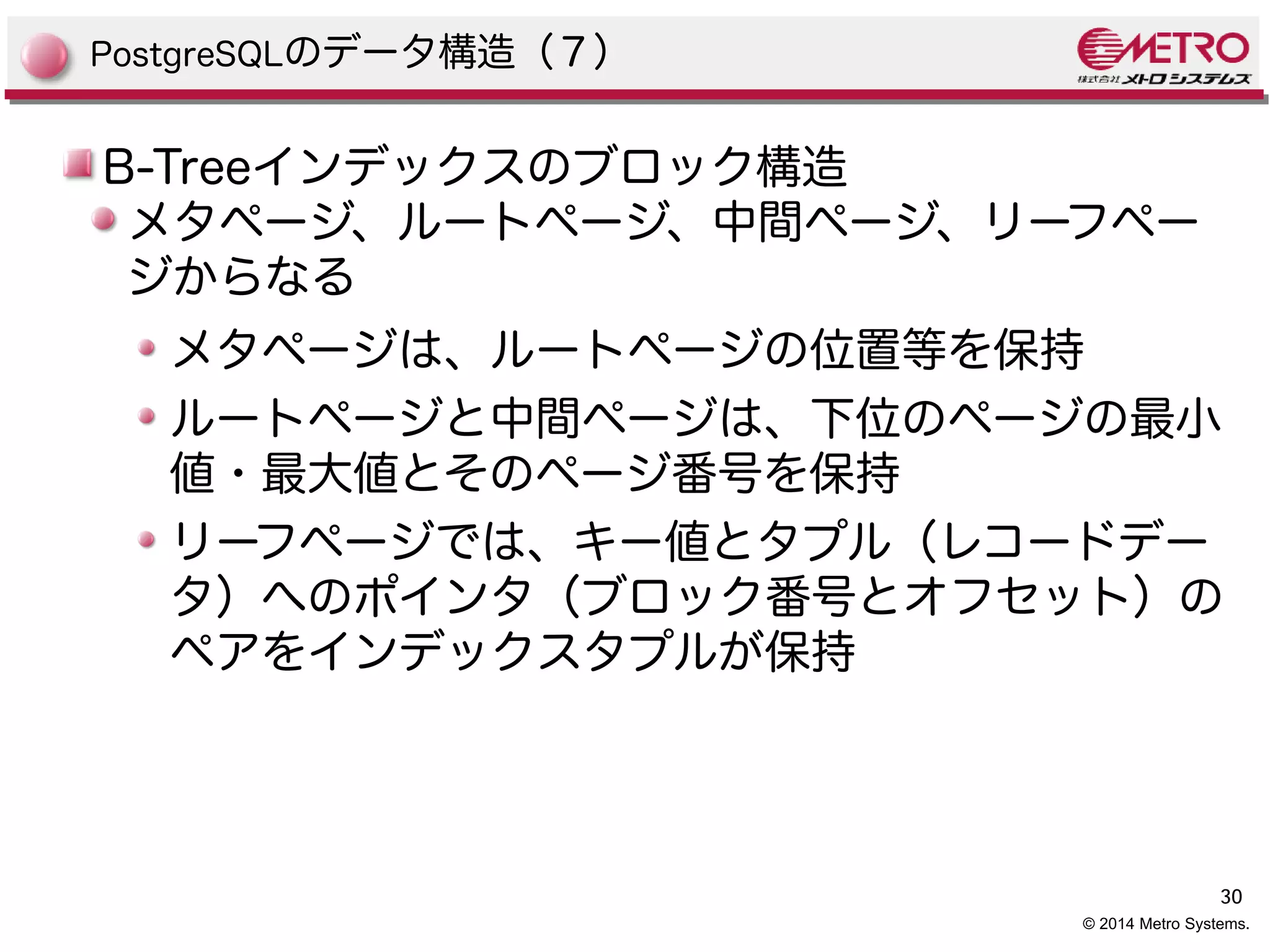 メタページは、ルートページの位置等を保持 
ルートページと中間ページは、下位のページの最小 
値・最大値とそのページ番号を保持 
リーフページでは、キー値とタプル（レコードデー 
タ）へのポインタ（ブロック番号とオフセット）の 
ペアをインデックスタプルが保持 
30 
PostgreSQLのデータ構造（７） 
B-Treeインデックスのブロック構造 
メタページ、ルートページ、中間ページ、リーフペー 
ジからなる 
© 2014 Metro Systems. 
 