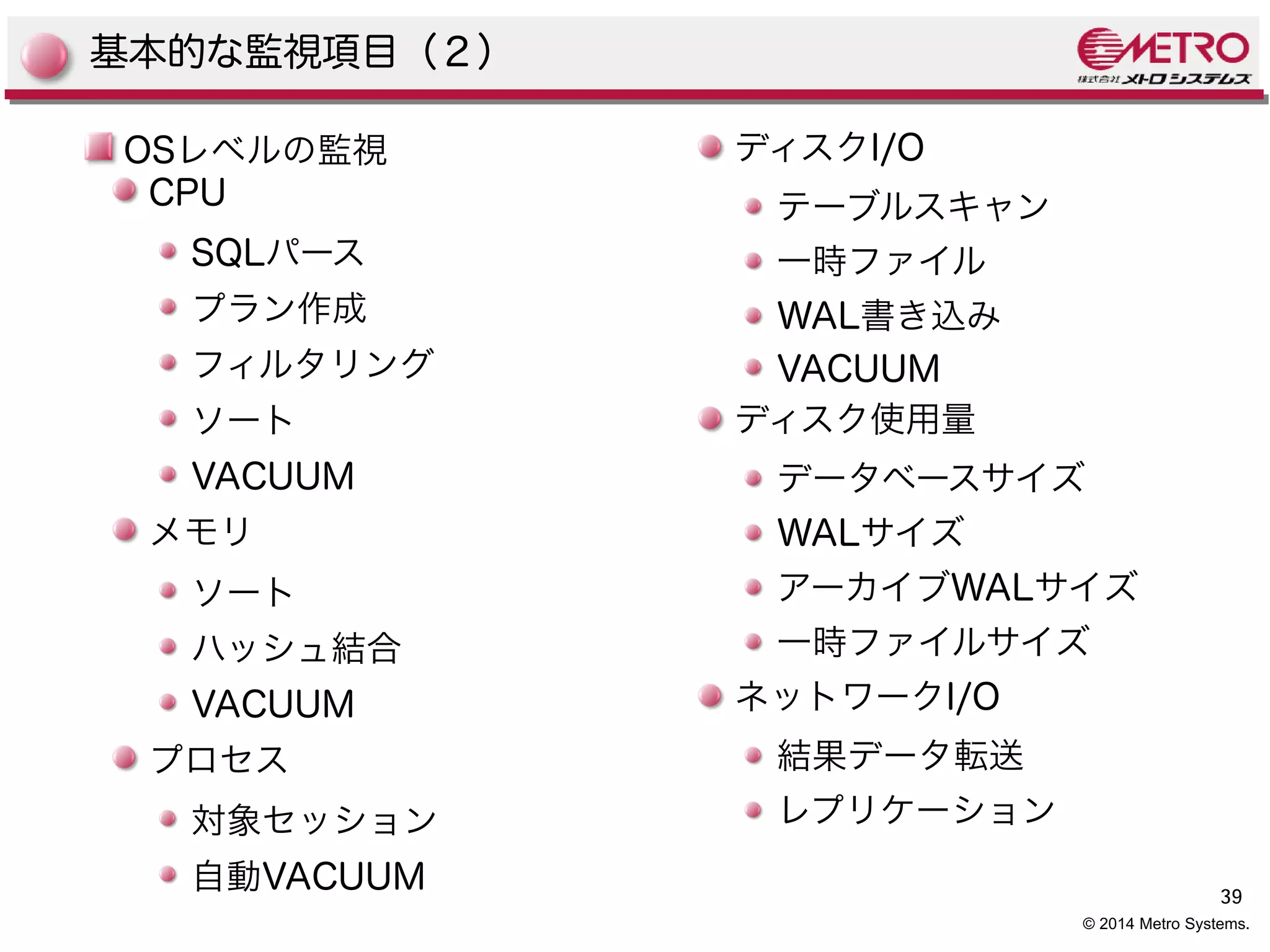 39 
© 2014 Metro Systems. 
基本的な監視項目（２） 
OSレベルの監視 
CPU 
SQLパース 
プラン作成 
フィルタリング 
ソート 
VACUUM 
メモリ 
ソート 
ハッシュ結合 
VACUUM 
プロセス 
対象セッション 
自動VACUUM 
ディスクI/O 
テーブルスキャン 
一時ファイル 
WAL書き込み 
VACUUM 
ディスク使用量 
データベースサイズ 
WALサイズ 
アーカイブWALサイズ 
一時ファイルサイズ 
ネットワークI/O 
結果データ転送 
レプリケーション 
 