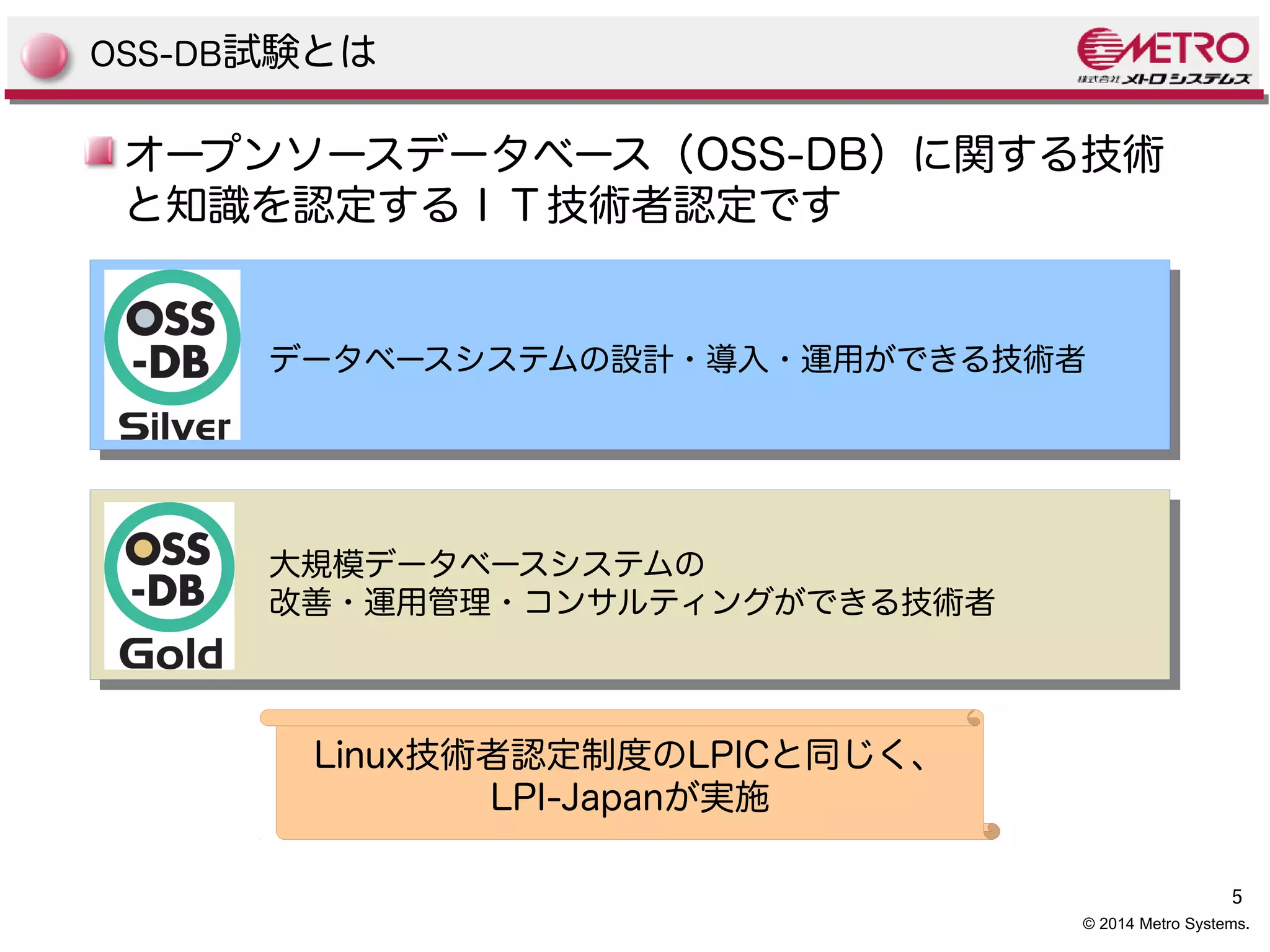 5 
OSS-DB試験とは 
オープンソースデータベース（OSS-DB）に関する技術 
と知識を認定するＩＴ技術者認定です 
データベースシステムの設計・導入・運用ができる技術者 
© 2014 Metro Systems. 
大規模データベースシステムの 
改善・運用管理・コンサルティングができる技術者 
Linux技術者認定制度のLPICと同じく、 
LPI-Japanが実施 
 