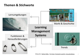 2 
Themen & Stichworte 
Lernumgebungen 
Markt & Geschichte 
Funktionen & Herausforderungen 
Trends 
Learning Management Systems 
Bildquellen: Nathan Gibbs,, Tim Green, Konstantin Lazorkin, missusdoubleyou 
 