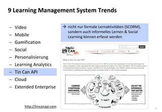32 
9 Learning Management System Trends 
Video 
Mobile 
Gamification 
Social 
Personalisierung 
Learning Analytics 
Tin Can API 
Cloud 
Extended Enterprise 
nicht nur formale Lernaktivitäten (SCORM), sondern auch informelles Lernen & Social Learning können erfasst werden 
http://tincanapi.com  