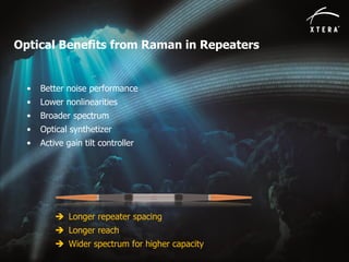 © 2014 Xtera Communications, Inc. Proprietary & Confidential 34
Optical Benefits from Raman in Repeaters
• Better noise performance
• Lower nonlinearities
• Broader spectrum
• Optical synthetizer
• Active gain tilt controller
 Longer repeater spacing
 Longer reach
 Wider spectrum for higher capacity
 