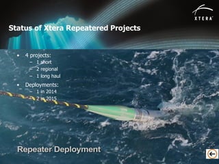 © 2014 Xtera Communications, Inc. Proprietary & Confidential 35
Status of Xtera Repeatered Projects
• 4 projects:
– 1 short
– 2 regional
– 1 long haul
• Deployments:
– 1 in 2014
– 2 in 2015
 