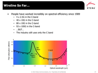 © 2014 Xtera Communications, Inc. Proprietary & Confidential 37
• People have worked incredibly on spectral efficiency since 1989
– 4 x 2.5G in the C-band
– 40 x 10G in the C-band
– 80 x 10G in the C-band
– 93 x 100G in the C-band
– …BUT…
– The industry still uses only the C band
Wireline So Far…
Fiberattenuation(dB/km)
1.0
0.8
0.4
0.2
1.2 1.71.61.51.41.3
Optical wavelength (µm)
C band
Old
fibers
Modern
fibers
 