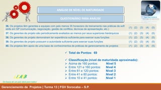 Gerenciamento de Projetos | Turma 13 | FGV Sorocaba –S.P. 
LISARB 
Em busca de um país ideal para todos! 
ANÁLISE DE NÍVEL DE MATURIDADE 
QUESTIONÁRIO PARA ANÁLISE 
36.Os projetos têm gerentes e equipes com pelo menos 35 horas/ano de treinamento nas práticas de soft skillsem GP (comunicação, negociação, gestão de conflitos, técnicas de apresentação, etc.) 
(1) (2) (3) (4) (5) 
37. Os gerentes de projeto são periodicamente avaliados ao menos por seus superiores hierárquicos 
(1) (2) (3) (4) (5) 
38. Os gerentes de projeto demonstram ter experiência suficiente para exercer suas funções 
(1) (2) (3) (4) (5) 
39. Os gerentes de projeto possuem a autoridade suficiente para exercer suas funções 
(1) (2) (3) (4) (5) 
40. Os projetos têm apoio de uma base de conhecimentos de práticas de gerenciamento de projetos 
(1) (2) (3) (4) (5) 
TotaldePontos:69 
Classificação(níveldematuridadeaproximado): 
Acimade160pontos:Nível5 
Entre121e160pontos:Nível4 
Entre81e120pontos:Nível3 
Entre41e80pontos:Nível2 
Entre10e41pontos:Nível1  