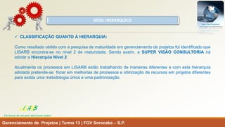NÍVEL HIERÁRQUICO 
Gerenciamento de Projetos | Turma 13 | FGV Sorocaba –S.P. 
LISARB 
Em busca de um país ideal para todos! 
CLASSIFICAÇÃOQUANTOÀHIERARQUIA: 
ComoresultadoobtidocomapesquisadematuridadeemgerenciamentodeprojetosfoiidentificadoqueLISARBencontra-senonível2dematuridade.Sendoassim,aSUPERVISÃOCONSULTORIAiráadotaraHierarquiaNível2. 
AtualmenteosprocessosemLISARBestãotrabalhandodemaneirasdiferentesecomestahierarquiaadotadapretende-sefocaremmelhoriasdeprocessoseotimizaçãoderecursosemprojetosdiferentesparaexistaumametodologiaúnicaeumapadronização.  