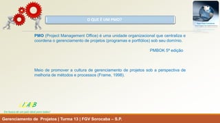 O QUE É UM PMO? 
Gerenciamento de Projetos | Turma 13 | FGV Sorocaba –S.P. 
PMO(ProjectManagementOffice)éumaunidadeorganizacionalquecentralizaecoordenaogerenciamentodeprojetos(programaseportfólios)sobseudomínio. 
PMBOK5ªedição 
Meiodepromoveraculturadegerenciamentodeprojetossobaperspectivademelhoriademétodoseprocessos(Frame,1998). 
LISARB 
Em busca de um país ideal para todos!  