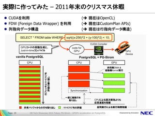 実際に作ってみた – 2011年末のクリスマス休暇 
CUDAを利用 ( 現在はOpenCL) 
FDW (Foreign Data Wrapper) を利用 ( 現在はCustomPlan APIs) 
列指向データ構造 ( 現在は行指向データ構造) 
DB Tech Showcase 2014 Tokyo; PG-Strom - GPGPU acceleration on PostgreSQL 
Page. 19 
CPU 
vanilla PostgreSQL 
PostgreSQL + PG-Strom 
行フェッチとWHERE句 評価の繰り返し 
一度に複数行を 取り出し 
非同期DMA & 起動機Kernel実行 
CUDA Compiler 
: 共有バッファからの行を取り出し 
: WHERE句の評価 
並列実行による実行時間短縮 
CPU 
GPU 
Synchronization 
SELECT * FROM table WHERE sqrt((x-256)^2 + (y-100)^2) < 10; 
code for GPU 
GPUコードの自動生成と、 Just-in-timeコンパイル 
CPUによる逐次実効よりも 応答速度を短縮 
GPU Device  