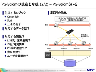 PG-Stromの現在と今後 (2/2) – PG-Stromうぃる 
▌対応するロジック 
Outer Join 
Sort 
... その他？ 
▌対応するデータ型？ 
▌対応する関数？ 
LIKE句、正規表現？ 
日付/時刻関数 
PostGIS関数？？ 
幾何関数？ 
ユーザ定義関数？ 
▌足回りの強化 
DB Tech Showcase 2014 Tokyo; PG-Strom - GPGPU acceleration on PostgreSQL 
Page. 37 
Shared Buffer 
block-0 
block-N 
block-N/3 
block-2N/3 
領域分割と 並列スキャン 
現在 
将来 
いかにオンメモリとはいえ、シングルCPUで GPUにデータを供給するのは厳しい  
