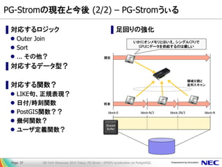 PG-Stromの現在と今後 (2/2) – PG-Stromうぃる 
▌対応するロジック 
Outer Join 
Sort 
... その他？ 
▌対応するデータ型？ 
▌対応する関数？ 
LIKE句、正規表現？ 
日付/時刻関数...