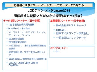 応募者とスポンサー、パートナー、サポーターがつながる 
データ提供パートナー（五十音順） 
∗ (独)宇宙航空研究開発機構 
∗ESRIジャパン株式会社 
∗ オープンストリートマップ・ファウン 
デーション・ジャパン 
∗ 国立国会図書館 
∗ 国立情報学研究所 
∗ 一般社団法人　社会基盤情報流通推進 
協議会 
∗ 総務省統計局、独立行政法人統計セン 
ター 
∗ 公益財団法人 横浜市芸術文化振興財団 
∗ LODAC: Linked Open Data for 
Academia 
LODチャンレンジJapan2014 
開催趣旨に賛同いただいた企業団体(11/14現在） 
基盤提供パートナー(五十音順) 
∗ 株式会社デジタルキューブ 
∗LOD4ALL 
∗ 日本マイクロソフト株式会社 
∗ 一般社団法人リンクデータ 
メディアパートナー 
∗ ＠IT 
 
