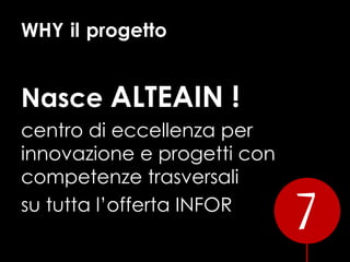 WHY il progetto
Nasce ALTEAIN !
centro di eccellenza per
innovazione e progetti con
competenze trasversali
su tutta l’offerta INFOR
 