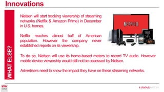 Innovations 
WHAT ELSE? 
Nielsen will start tracking viewership of streaming networks (Netflix & Amazon Prime) in December in U.S. homes. 
Netflix reaches almost half of American population. However the company never established reports on its viewership. 
To do so, Nielsen will use its home-based meters to record TV audio. However mobile device viewership would still not be assessed by Nielsen. 
Advertisers need to know the impact they have on these streaming networks.  