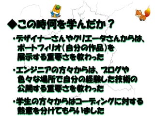 ◆この時何を学んだか？ 
・デザイナーさんやクリエータさんからは、 
ポートフィリオ（自分の作品）を 
展示する重要さを教わった 
・エンジニアの方々からは、ブログや 
色々な場所で自分の経験した技術の 
公開する重要さを教わった 
・学生の方々からはコーディングに対する 
熱意を分けてもらいました  