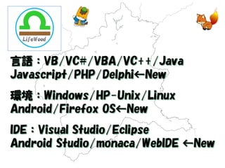 言語：VB/VC#/VBA/VC++/Java 
Javascript/PHP/Delphi←New 
環境：Windows/HP-Unix/Linux 
Android/Firefox OS←New 
IDE：Visual Studio/Eclipse 
Android Studio/monaca/WebIDE ←New  