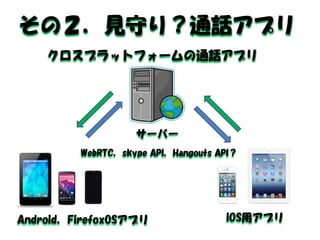 その２．見守り？通話アプリ 
iOS用アプリ 
サーバー 
クロスプラットフォームの通話アプリ 
WebRTC，skype API，Hangouts API？ 
Android，FirefoxOSアプリ  