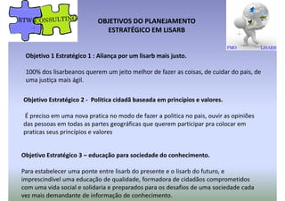 OBJETIVOS DO PLANEJAMENTO
ESTRATÉGICO EM LISARB
Objetivo 1 Estratégico 1 : Aliança por um lisarb mais justo.
100% dos lisarbeanos querem um jeito melhor de fazer as coisas, de cuidar do pais, de
uma justiça mais ágil.
Objetivo Estratégico 2 - Politica cidadã baseada em princípios e valores.
É preciso em uma nova pratica no modo de fazer a politica no pais, ouvir as opiniões
das pessoas em todas as partes geográficas que querem participar pra colocar em
praticas seus princípios e valorespraticas seus princípios e valores
Objetivo Estratégico 3 – educação para sociedade do conhecimento.
Para estabelecer uma ponte entre lisarb do presente e o lisarb do futuro, e
imprescindível uma educação de qualidade, formadora de cidadãos comprometidos
com uma vida social e solidaria e preparados para os desafios de uma sociedade cada
vez mais demandante de informação de conhecimento.
 