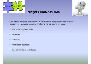 FUNÇÕES ADOTADAS PMO
Como ficou definido trabalhar na hierarquia H1, o ideal seriamos focar nasComo ficou definido trabalhar na hierarquia H1, o ideal seriamos focar nas
funções de PMO relacionada a GERÊNCIA DE INFRA-ESTRUTURA:
• Estrutura organizacional;
• Sistemas;
• Análises;
• Métricas e padrões;
• Equipamentos e facilidades.
 