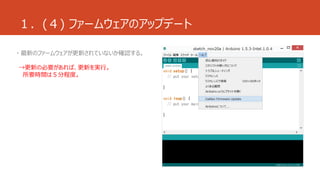 １．(４) ファームウェアのアップデート 
・最新のファームウェアが更新されていないか確認する。 
→更新の必要があれば、更新を実行。 
所要時間は５分程度。 
 