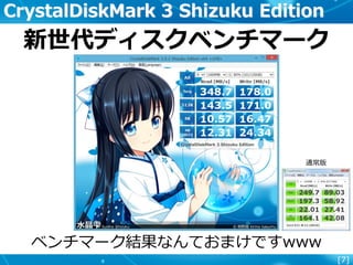 [7]
CrystalDiskMark 3 Shizuku Edition
新世代ディスクベンチマーク
ベンチマーク結果なんておまけですwww
通常版
 